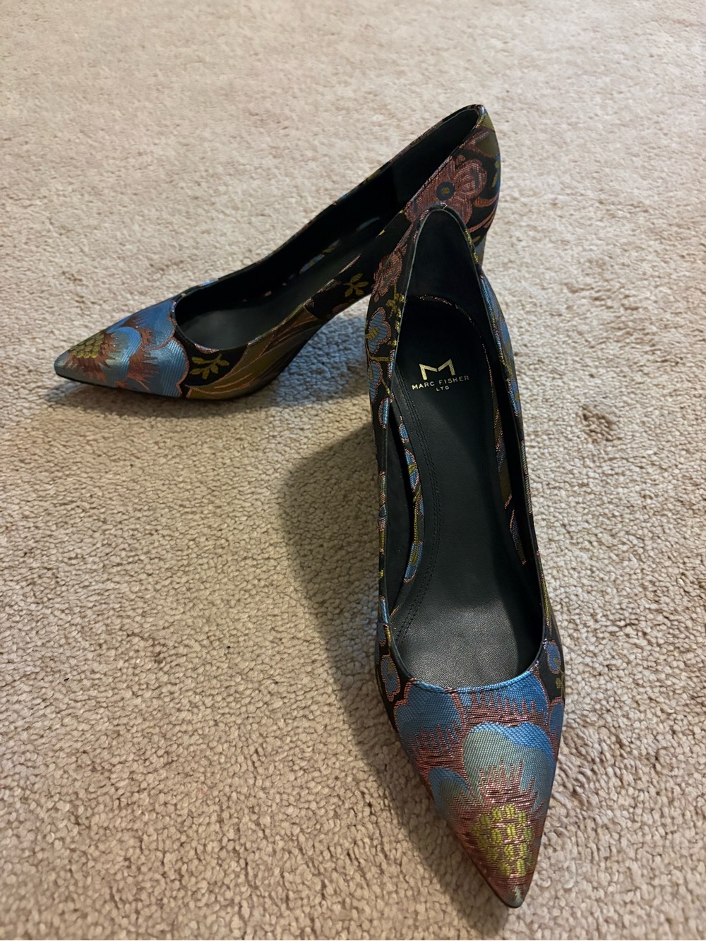 Marc Fisher Floral Embroidered Pointed Toe Block Heels - Black Multi - Picture 2 of 4